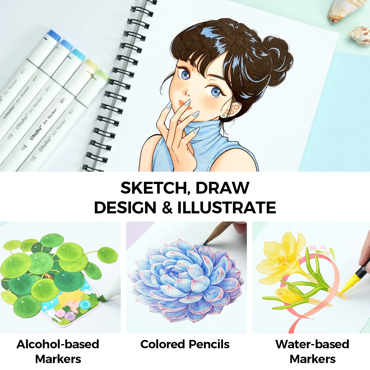 Ohuhu Double-Sided Bleedproof Marker Pad Sketchbook, 150GSM Spiral Bound Art Drawing Notebook for Alcohol Markers, 120 Pages, DIY Cover, Portable for Artists & Students thumbnail 5