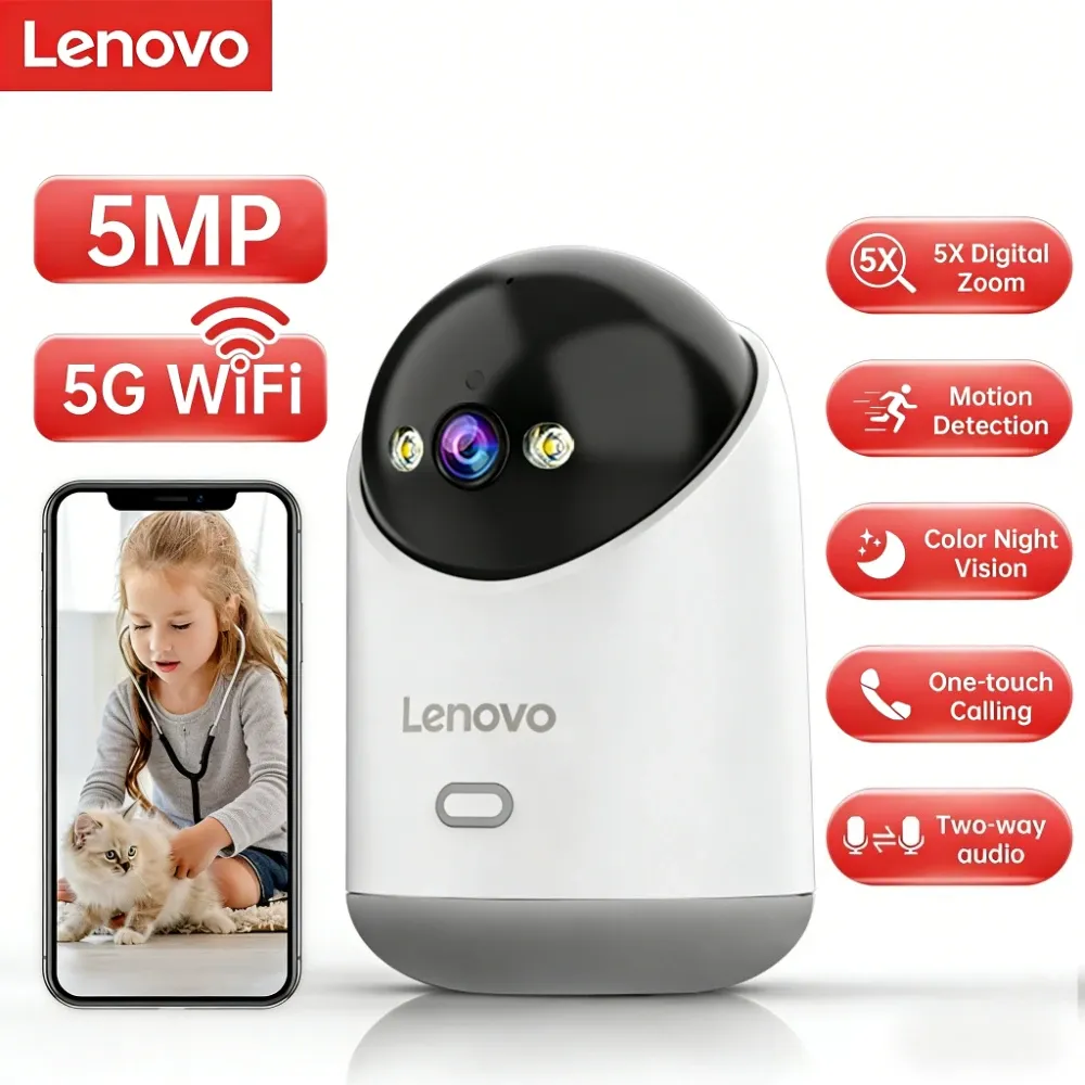 Lenovo 5MP WiFi Smart Home Indoor IP Camera - Full Color Night Vision, Auto Tracking, Two-Way Audio, Motion Detection Alerts, 128GB SD Support, Ideal for Security & Baby Monitoring