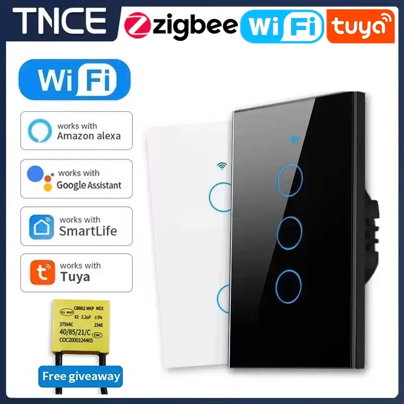 Tuya Smart Wall Light Switch - US WiFi/Zigbee 1-4 Gang Touch Panel with LED Indicator, Compatible with Alexa & Google Home for Smart Home Automation thumbnail 1