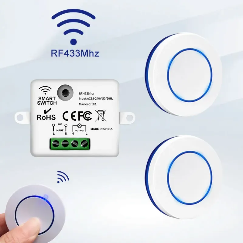 RF 433MHz Wireless Light Switch Kit with Mini Round Button Wall Panel Remote Control and 10A Relay Receiver for AC 110V-240V Lamps thumbnail 1