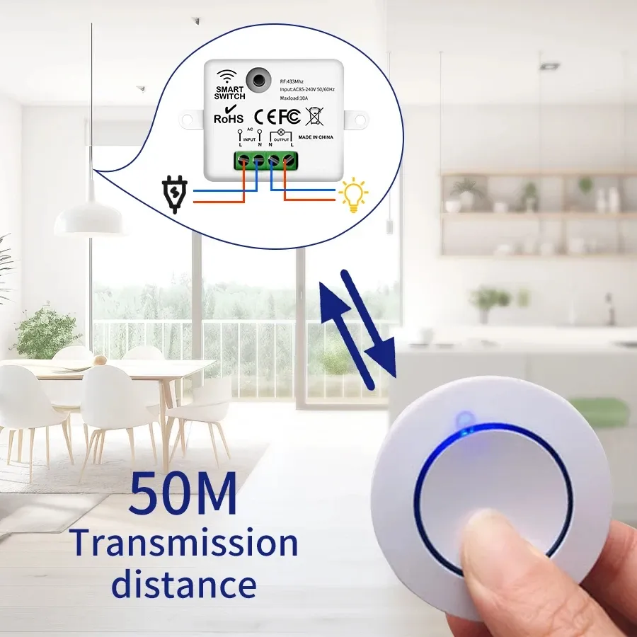 RF 433MHz Wireless Light Switch Kit with Mini Round Button Wall Panel Remote Control and 10A Relay Receiver for AC 110V-240V Lamps thumbnail 5