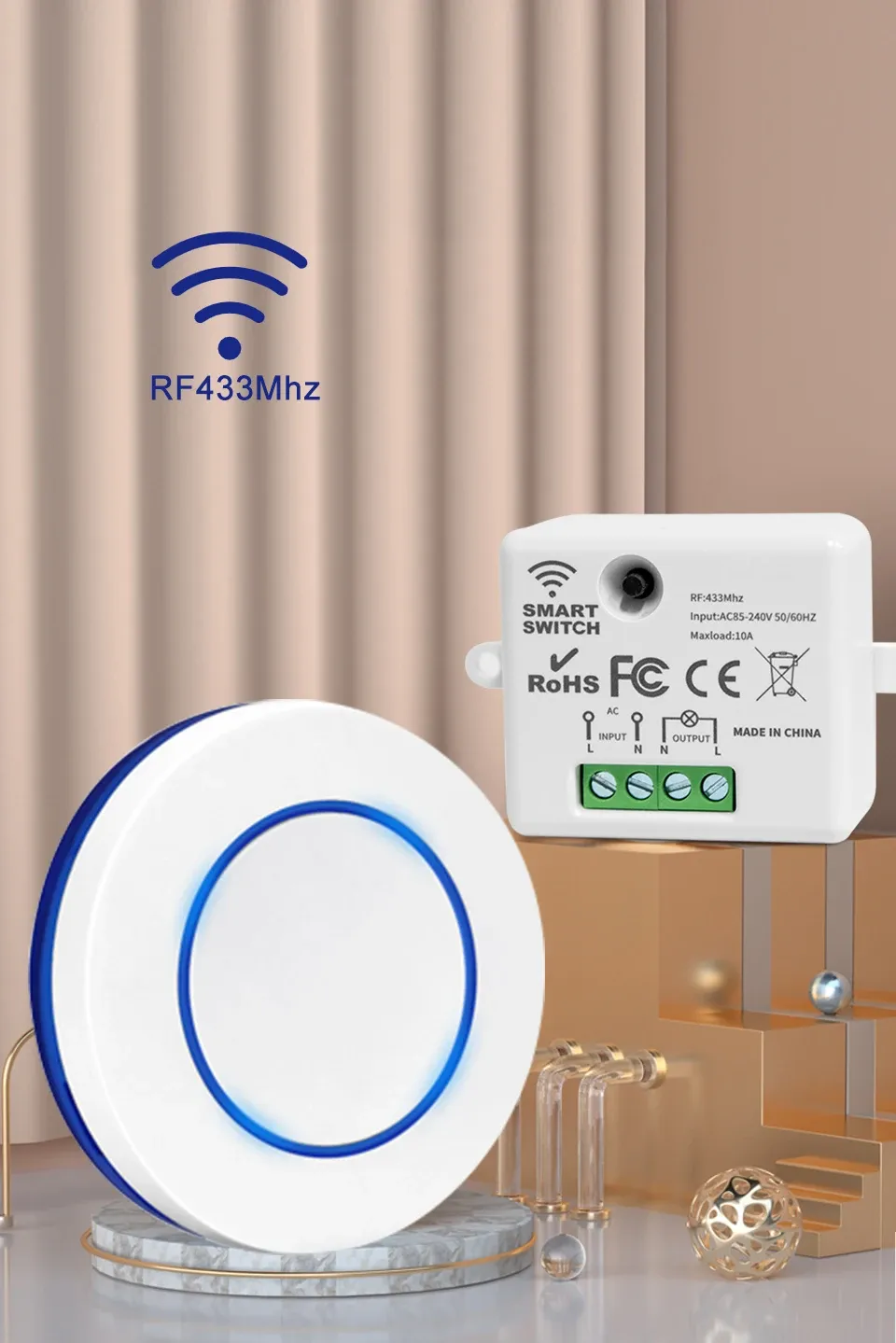 RF 433MHz Wireless Light Switch Kit with Mini Round Button Wall Panel Remote Control and 10A Relay Receiver for AC 110V-240V Lamps showcase 2