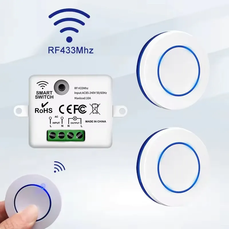 RF 433MHz Wireless Relay Receiver Switch Kit with Mini Round Wall Panel Remote Control for LED Lamps, 10A High Power, 220V/110V Input, 50m Range, Easy Installation thumbnail 1