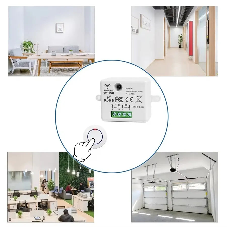 RF 433MHz Wireless Relay Receiver Switch Kit with Mini Round Wall Panel Remote Control for LED Lamps, 10A High Power, 220V/110V Input, 50m Range, Easy Installation thumbnail 4