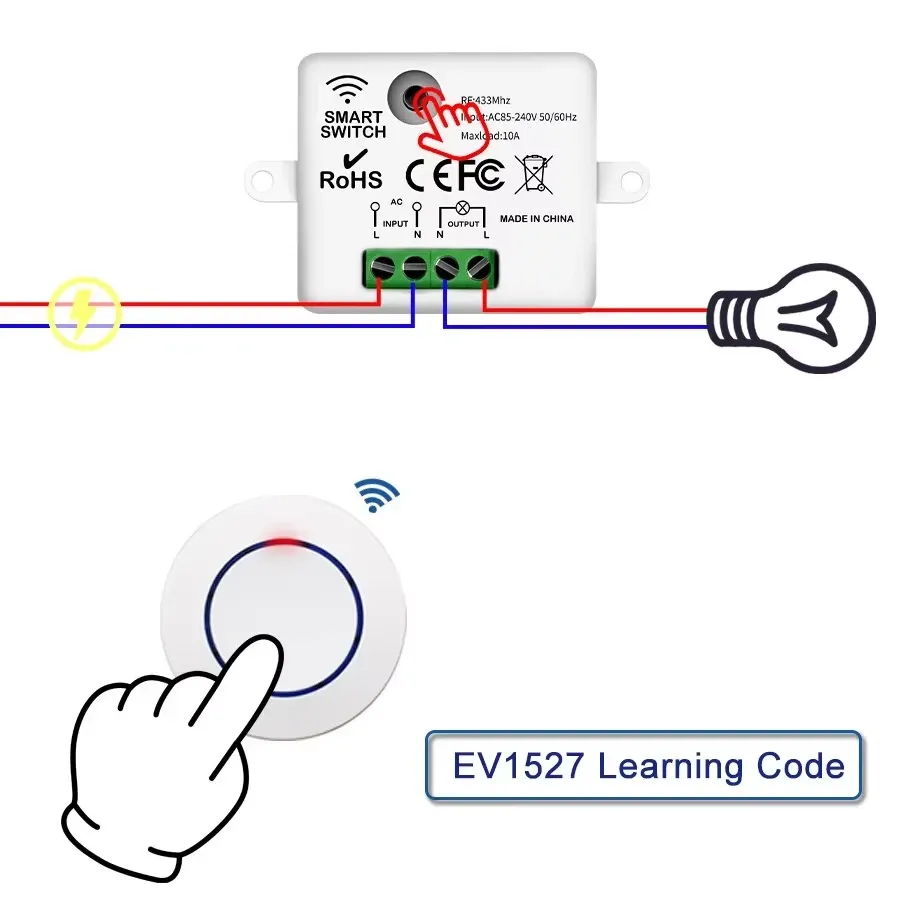 RF 433MHz Wireless Relay Receiver Switch Kit with Mini Round Wall Panel Remote Control for LED Lamps, 10A High Power, 220V/110V Input, 50m Range, Easy Installation thumbnail 2