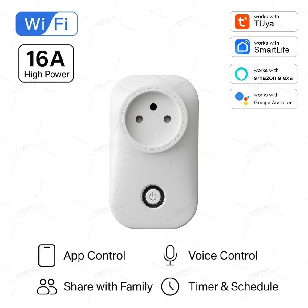 Tuya Smart WiFi Socket Israel Plug 16A with Power Monitor & Light Switch - Remote Control via Smart Life App, Alexa, Google Assistant Compatible