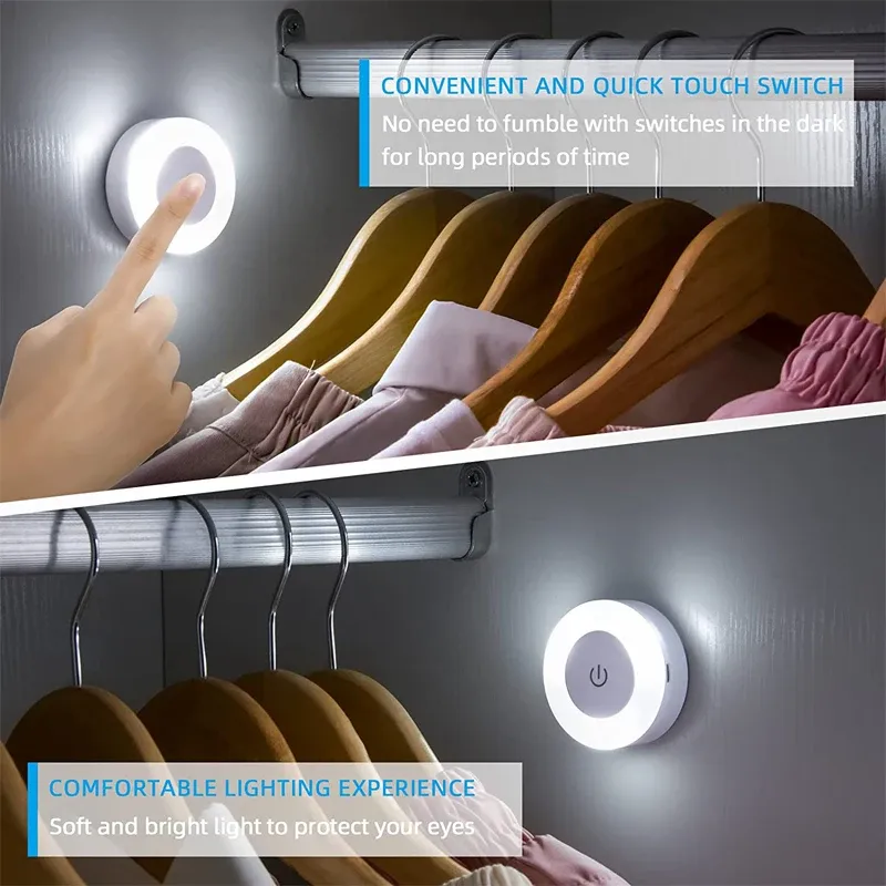 USB Rechargeable LED Touch Sensor Night Light, Magnetic Portable Round Lamp for Bedroom, Aisle, Wardrobe, Kids Room - Adjustable Brightness thumbnail 4
