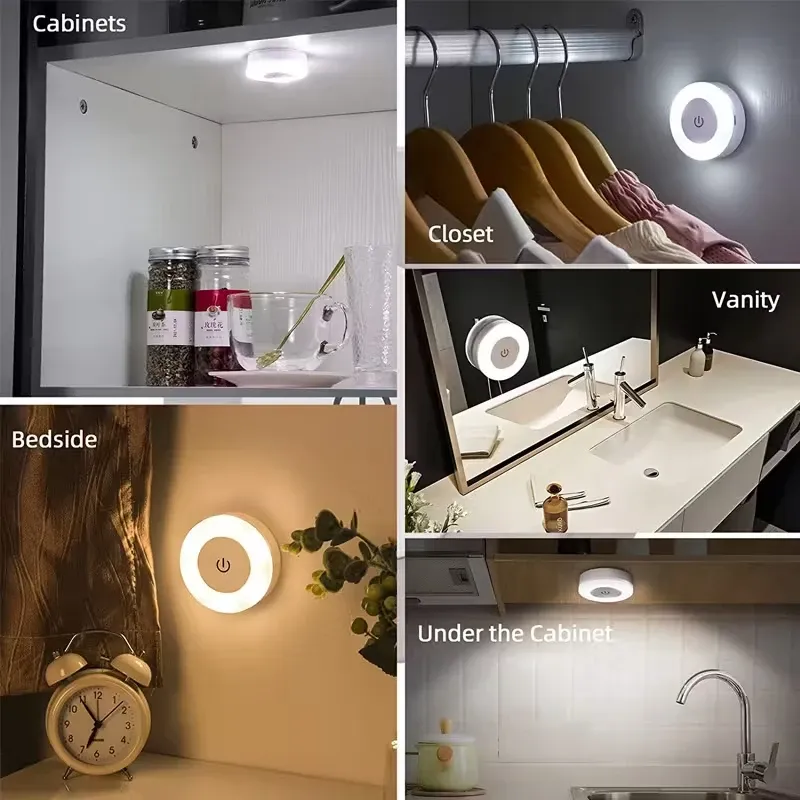 USB Rechargeable LED Touch Sensor Night Light, Magnetic Portable Round Lamp for Bedroom, Aisle, Wardrobe, Kids Room - Adjustable Brightness thumbnail 6