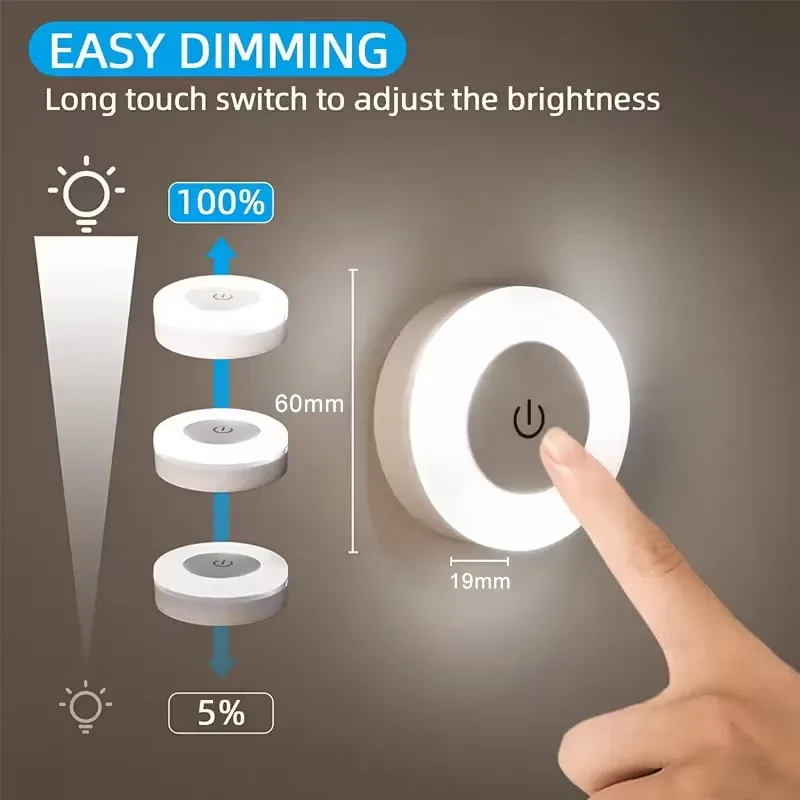 USB Rechargeable LED Touch Sensor Night Light, Magnetic Portable Round Lamp for Bedroom, Aisle, Wardrobe, Kids Room - Adjustable Brightness thumbnail 3