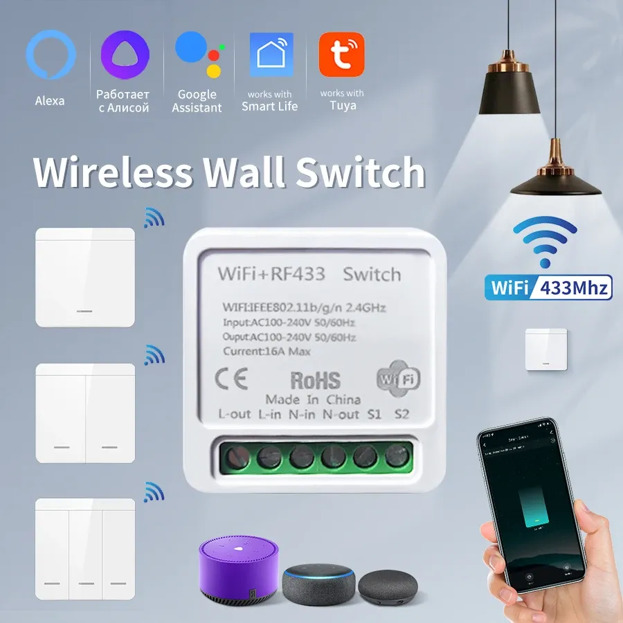 Tuya WiFi Smart Light Switch with RF 433MHz Wireless Push Button, Voice Control via Alexa Google Home, Smart Life App Compatible, 16A Receiver Module for Home Automation thumbnail 1