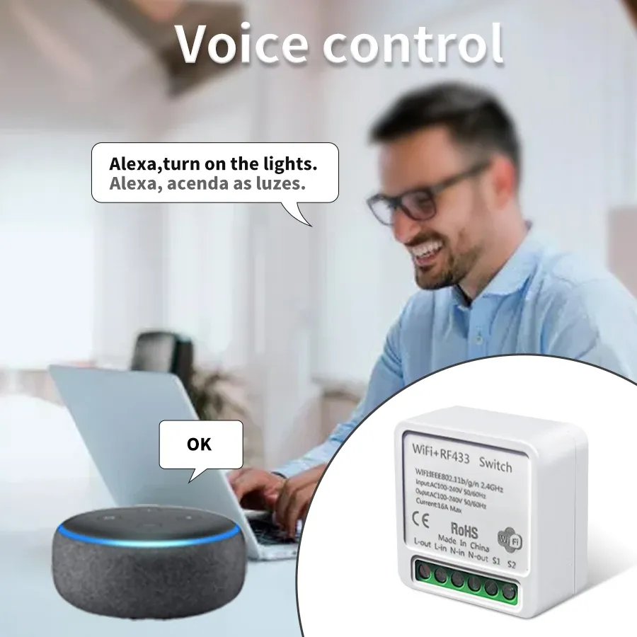 Tuya WiFi Smart Light Switch with RF 433MHz Wireless Push Button, Voice Control via Alexa Google Home, Smart Life App Compatible, 16A Receiver Module for Home Automation thumbnail 4