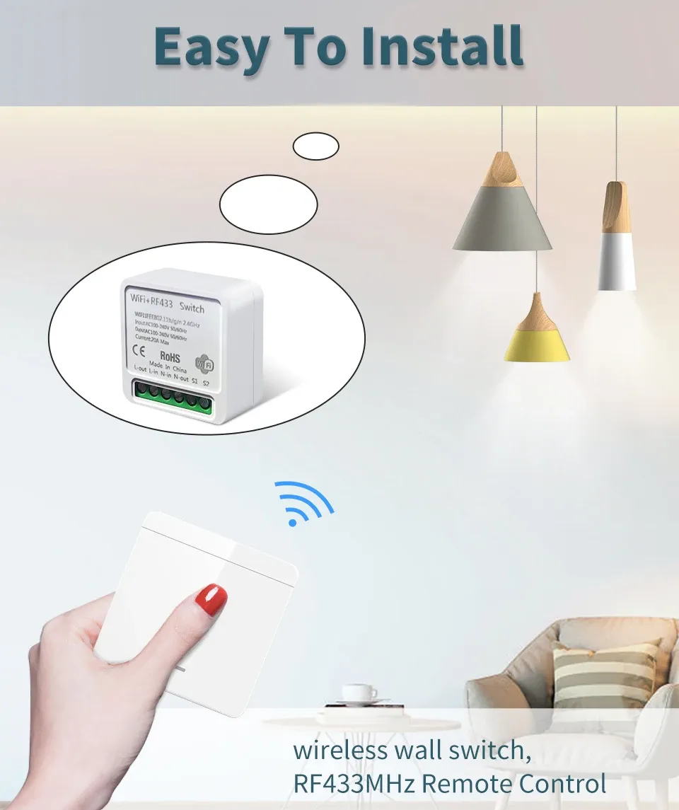 Tuya WiFi Smart Light Switch with RF 433MHz Wireless Push Button, Voice Control via Alexa Google Home, Smart Life App Compatible, 16A Receiver Module for Home Automation showcase 3