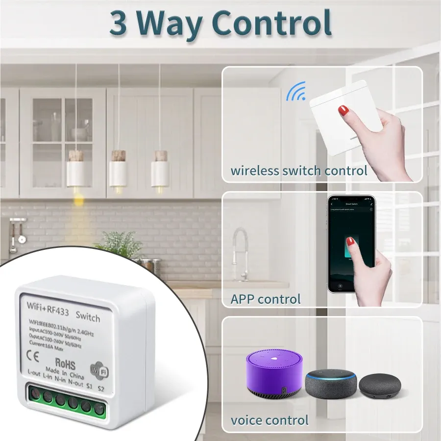 Tuya WiFi Smart Light Switch with RF 433MHz Wireless Push Button, Voice Control via Alexa Google Home, Smart Life App Compatible, 16A Receiver Module for Home Automation thumbnail 6