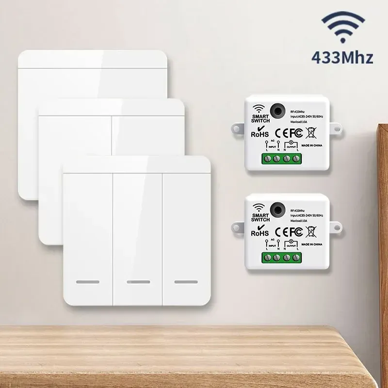 Smart RF 433MHz Wireless Wall Panel Switch with Mini Relay Receiver, 1/2/3 Gang Remote Control for LED Lights, 100-240V Input, Compact Design thumbnail 1