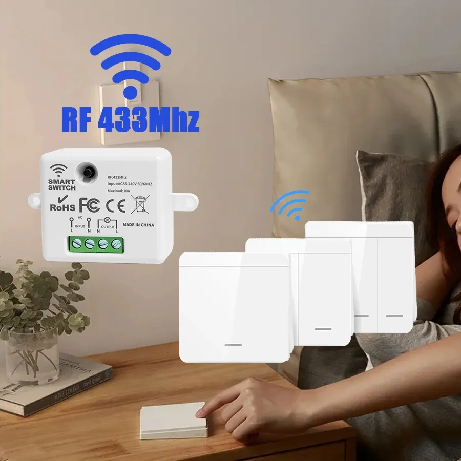 Smart RF 433MHz Wireless Wall Panel Switch with Mini Relay Receiver, 1/2/3 Gang Remote Control for LED Lights, 100-240V Input, Compact Design thumbnail 2