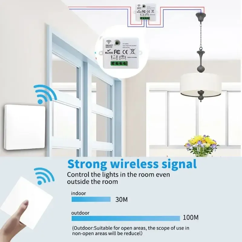Smart RF 433MHz Wireless Wall Panel Switch with Mini Relay Receiver, 1/2/3 Gang Remote Control for LED Lights, 100-240V Input, Compact Design thumbnail 3