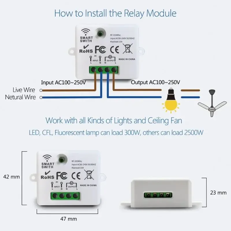 Smart RF 433MHz Wireless Wall Panel Switch with Mini Relay Receiver, 1/2/3 Gang Remote Control for LED Lights, 100-240V Input, Compact Design thumbnail 6
