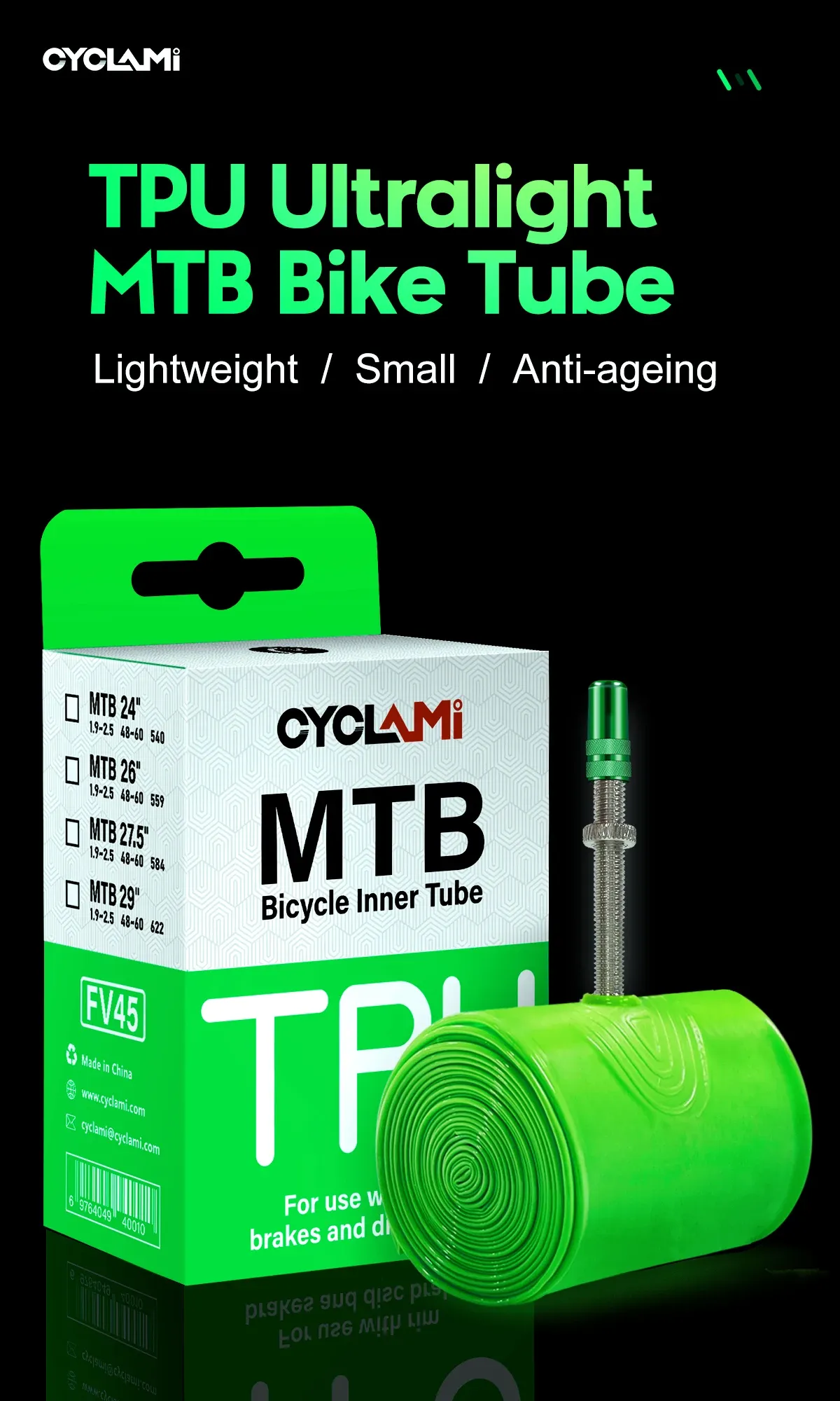 Ultralight TPU Bicycle Inner Tube for Mountain Bikes - 26, 27.5, 29 Inch Wheels, 45mm Metal Presta Valve, Anti-Oxidation, CYCLAMI Brand showcase 3