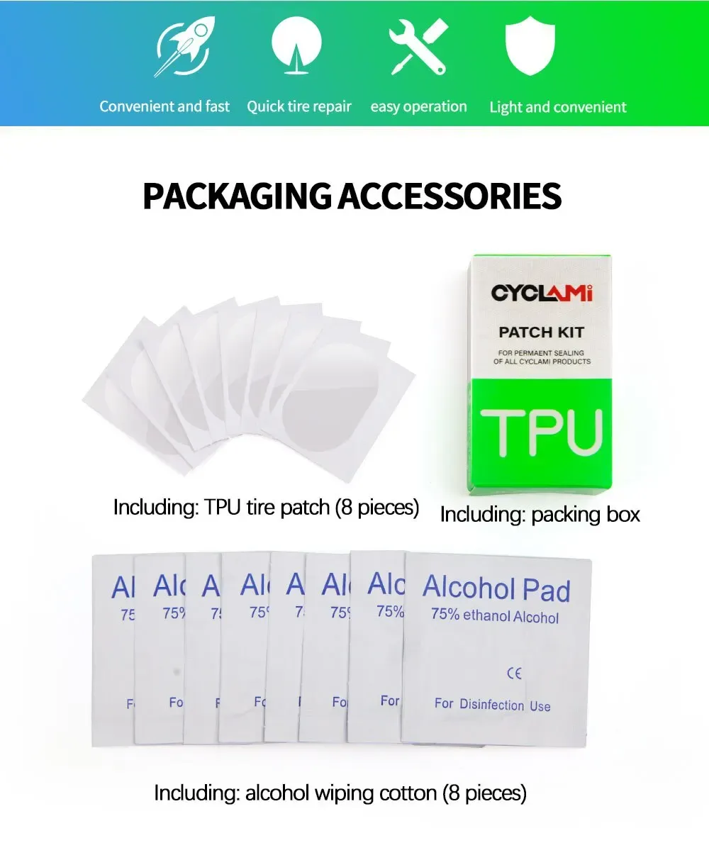 CYCLami 8-Piece Bike Inner Tube Repair Kit for Road MTB Folding Bicycles - Durable TPU Material, Glue-Free Patching Tools for Quick Puncture Fixes showcase 2