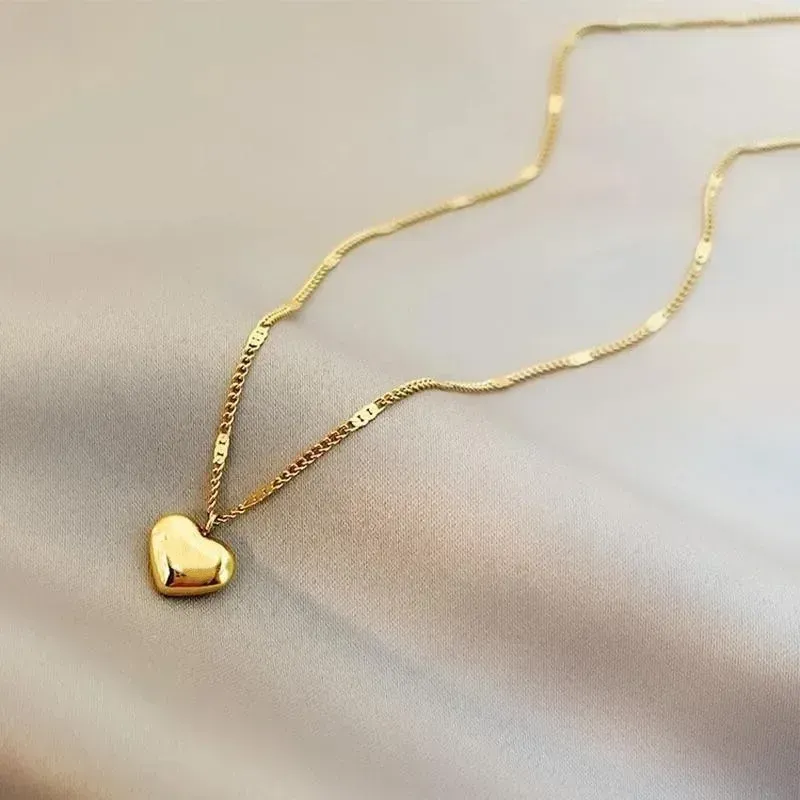 Gold Heart Pendant Korean Chain Necklace for Women - Fashionable Silver Plated Brass Jewelry, Lightweight 15g thumbnail 2
