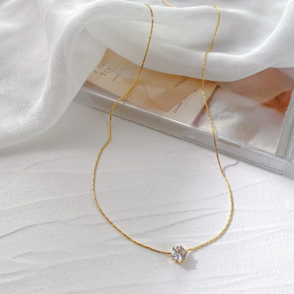 Dainty Minimalist Gold Plated Stainless Steel Necklace with Clear Zircon Charm - Anti-Tarnish Chain Jewelry for Women thumbnail 6