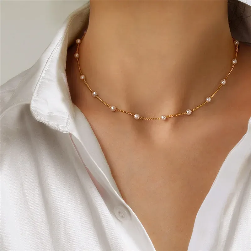 Kpop Pearl Choker Necklace for Women & Girls - Elegant Gold Color Goth Style Pendant Jewelry, Trendy 2022 Collar Chain for Neck showcase 1