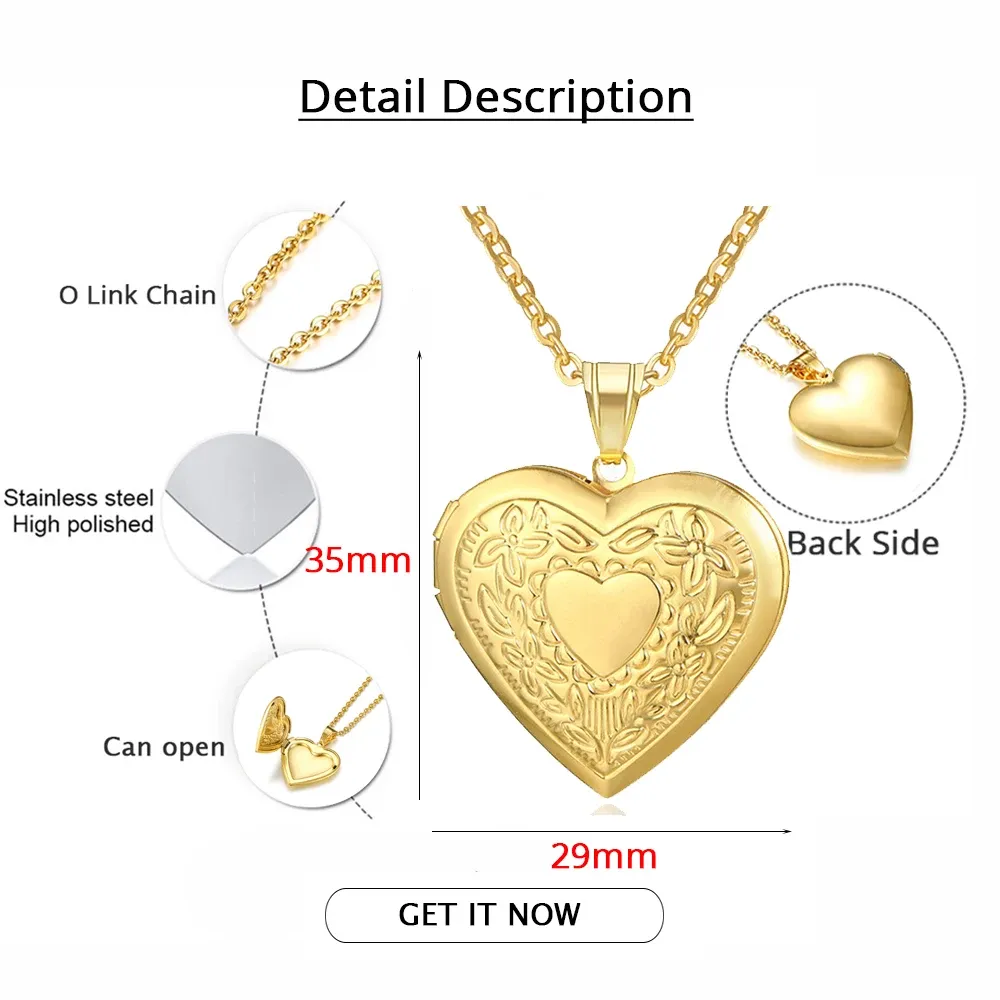 Romantic Heart Locket Pendant Necklace for Women - Gold/Silver Stainless Steel Memorial Jewelry, Classic & Timeless Style, Perfect Valentine's Day Gift thumbnail 3