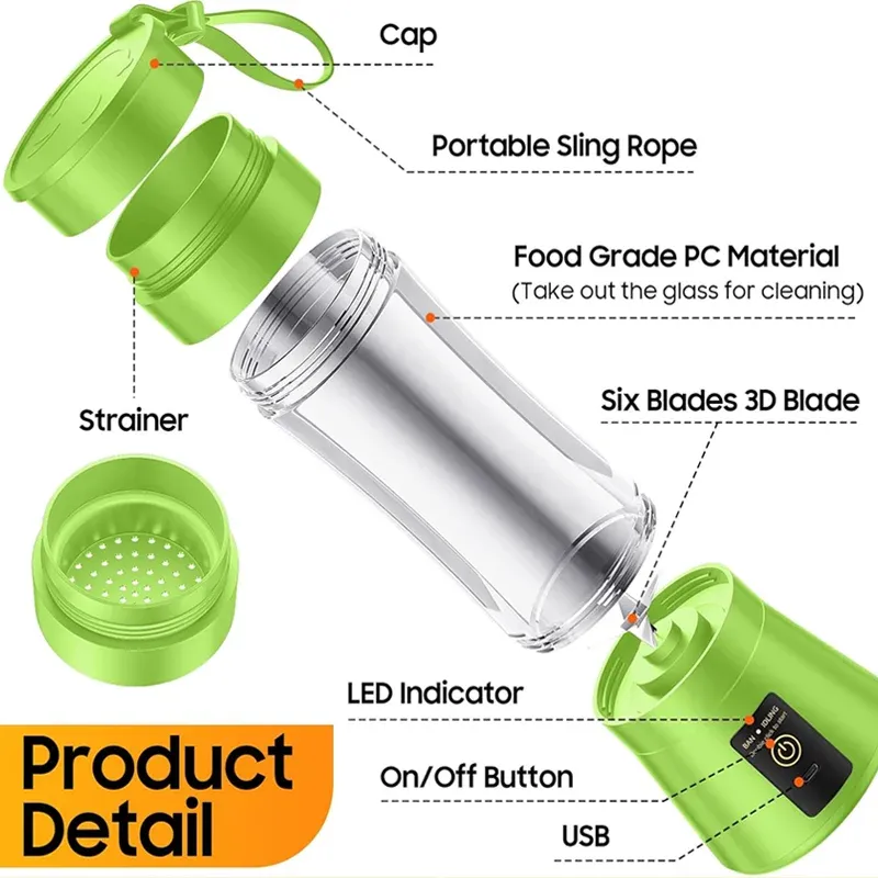 380ml Portable Electric Juicer Blender - USB Rechargeable Mini Smoothie Maker with 6-Blade Power, Ideal for Household Kitchen, Travel, and Protein Shakes thumbnail 4