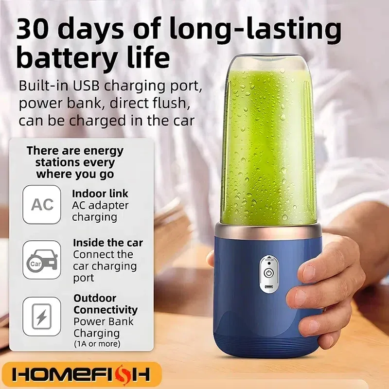 HOMEFISH Portable Rechargeable Juicer Blender, 2 Cups, Stainless Steel Blade, Automatic Pulp Ejection, ROHS Certified, 500ml+ Capacity for Home & Outdoor Use thumbnail 3