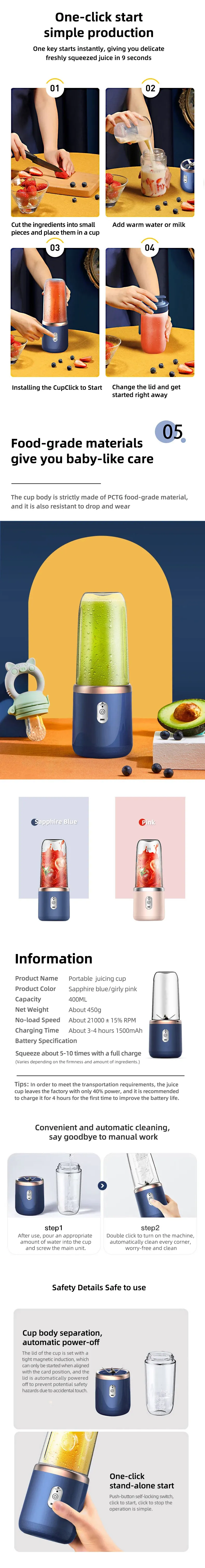 HOMEFISH Portable Rechargeable Juicer Blender, 2 Cups, Stainless Steel Blade, Automatic Pulp Ejection, ROHS Certified, 500ml+ Capacity for Home & Outdoor Use showcase 5
