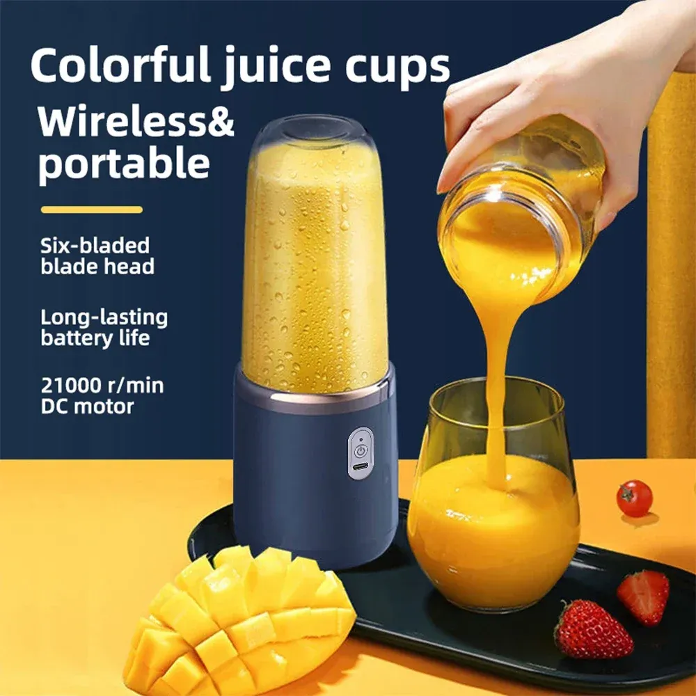 Portable Electric Juicer Blender 6 Blades USB Rechargeable 400ML Travel Cups for Smoothies & Fresh Fruit Juice - Blue thumbnail 2