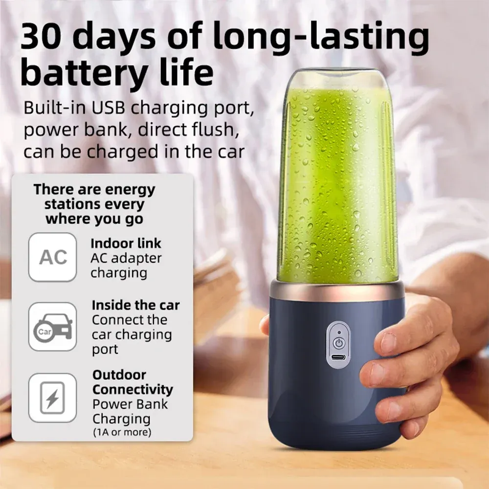 Portable Electric Juicer Blender 6 Blades USB Rechargeable 400ML Travel Cups for Smoothies & Fresh Fruit Juice - Blue thumbnail 4