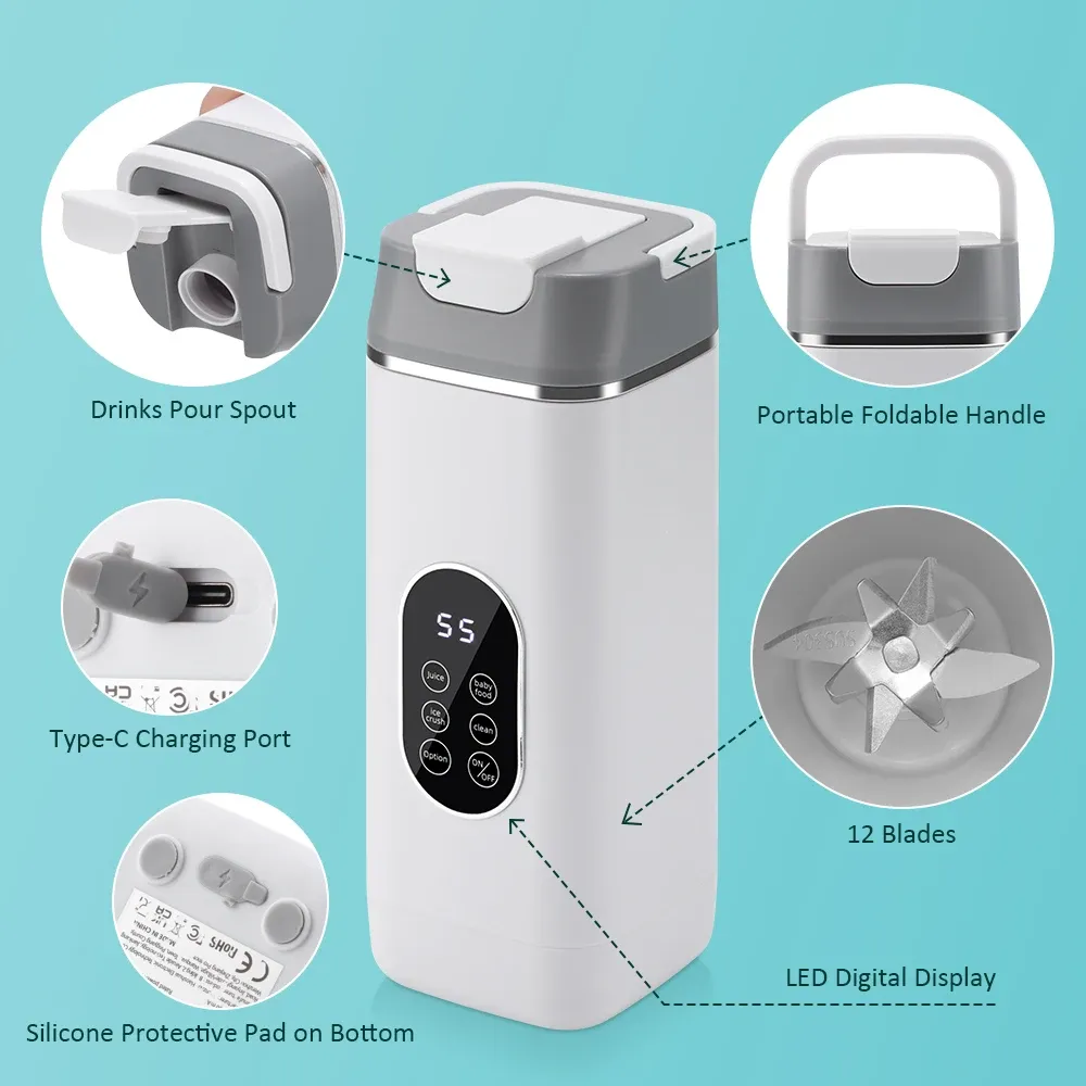 Portable Electric Juicer Blender 6 Blades USB Rechargeable 400ML Travel Cups for Smoothies & Fresh Fruit Juice - Blue showcase 20