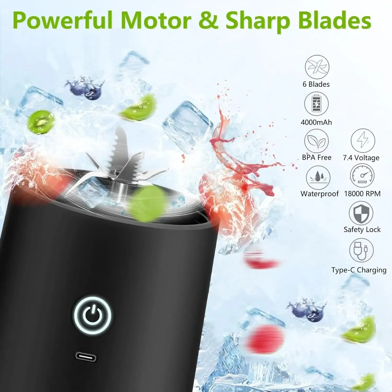 Portable 600ML Juicer Cup Blender 4000mAh USB-C Rechargeable Mini Smoothie Maker with 10-Leaf Blades, Powerful 150W Motor for Shakes, Smoothies, Outdoor Use thumbnail 3