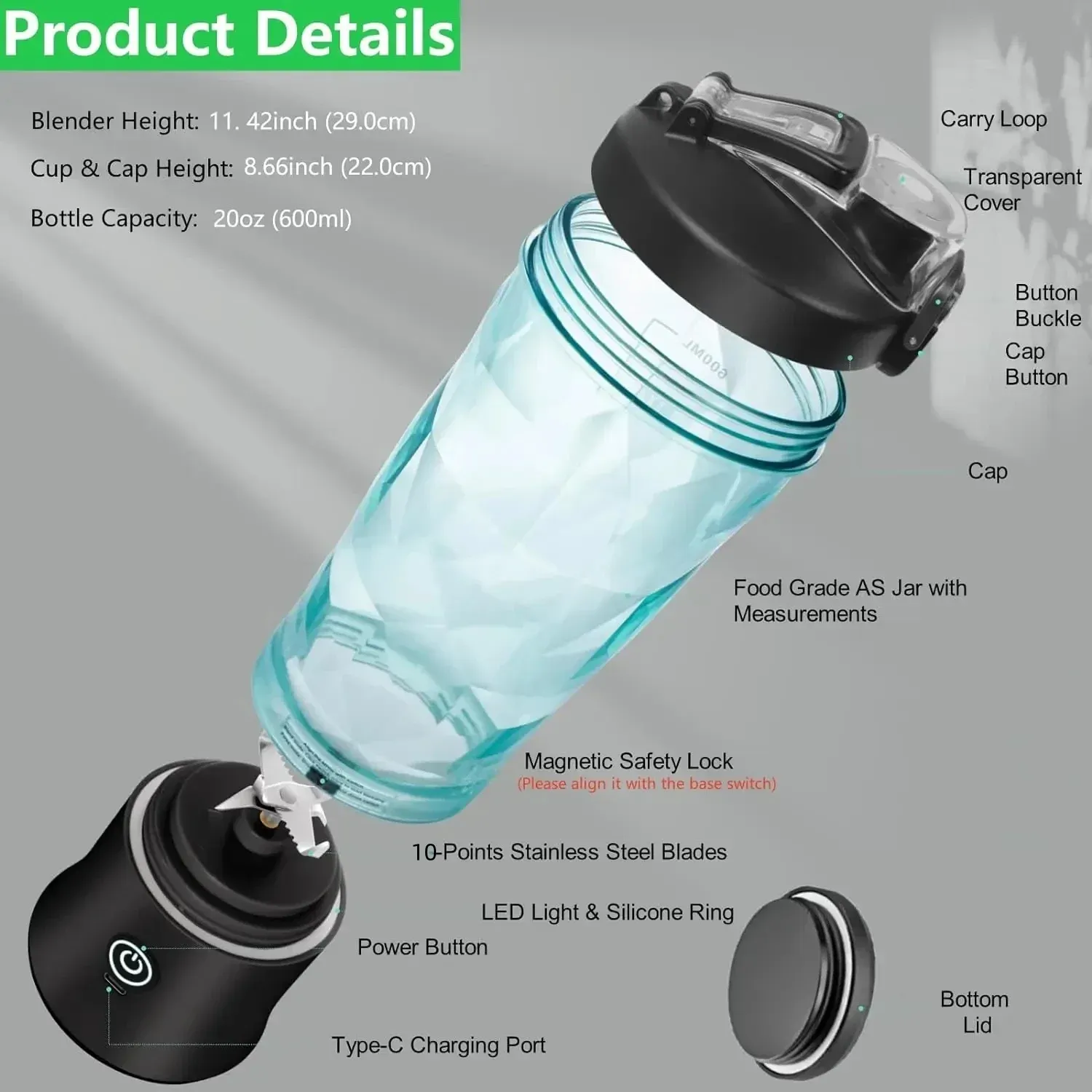 Portable 600ML Juicer Cup Blender 4000mAh USB-C Rechargeable Mini Smoothie Maker with 10-Leaf Blades, Powerful 150W Motor for Shakes, Smoothies, Outdoor Use thumbnail 2
