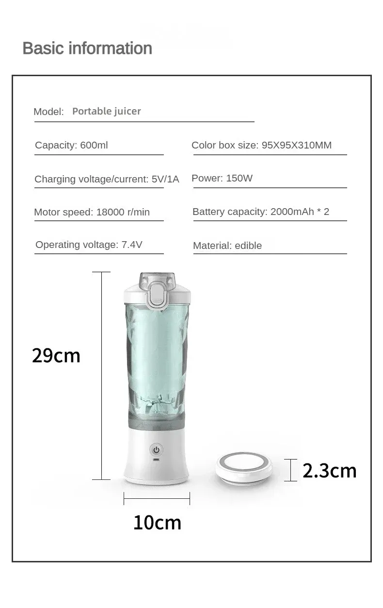 Portable 600ML Juicer Cup Blender 4000mAh USB-C Rechargeable Mini Smoothie Maker with 10-Leaf Blades, Powerful 150W Motor for Shakes, Smoothies, Outdoor Use showcase 10