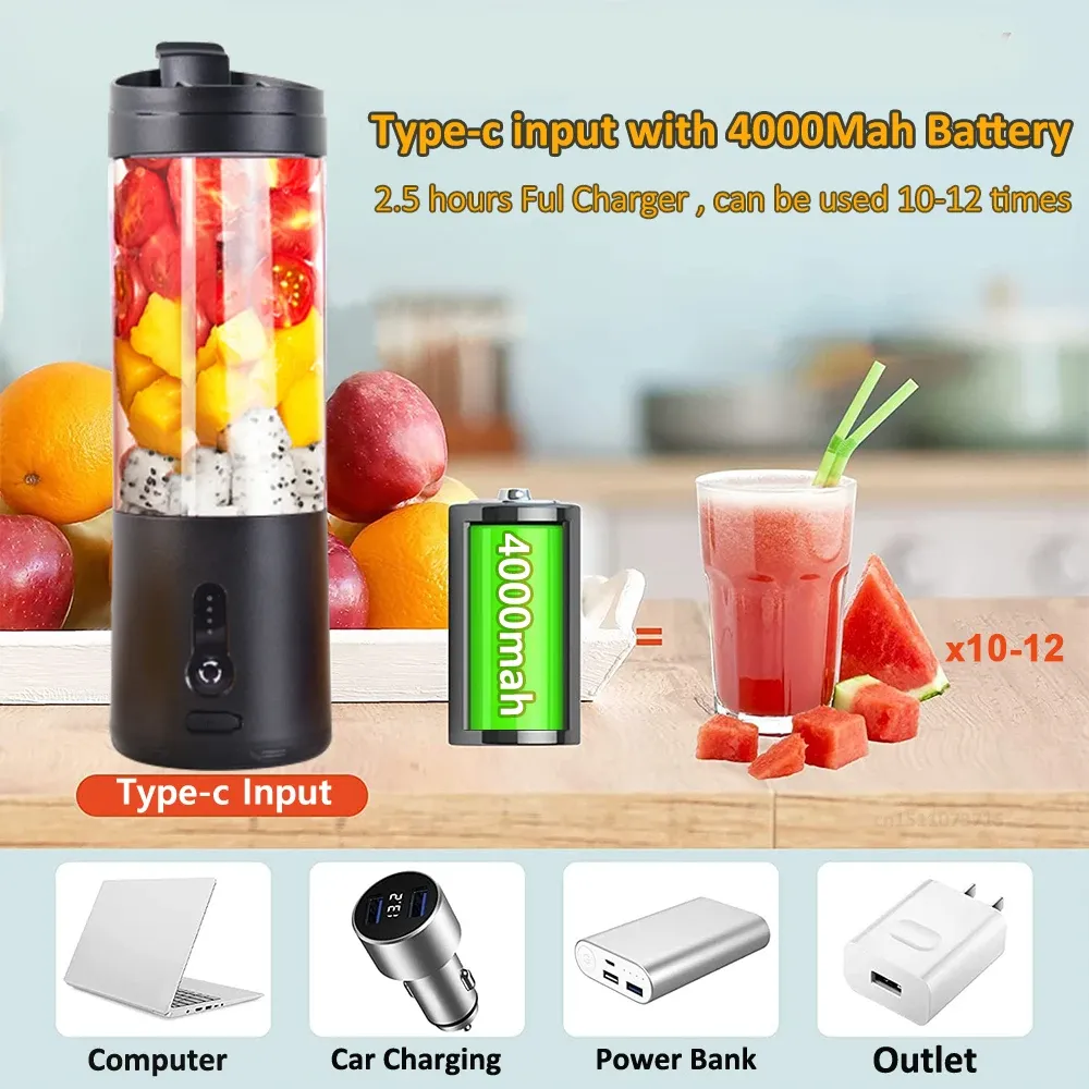 Mini Portable Blender Electric Juicer for Smoothies & Fresh Juice | Rechargeable 530ml Fruit Mixer with 4000mAh Battery, 150W High-Speed Motor, Crushes Ice | Perfect for On-the-Go thumbnail 4