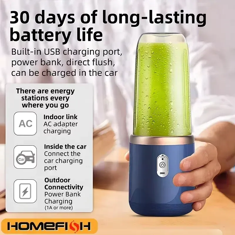 HOMEFISH Portable Rechargeable Mini Juicer Blender - Multi-Function Smoothie Maker with Stainless Steel Blade, Automatic Pulp Ejection, 500ml Capacity, ROHS Certified for Healthy Living thumbnail 3