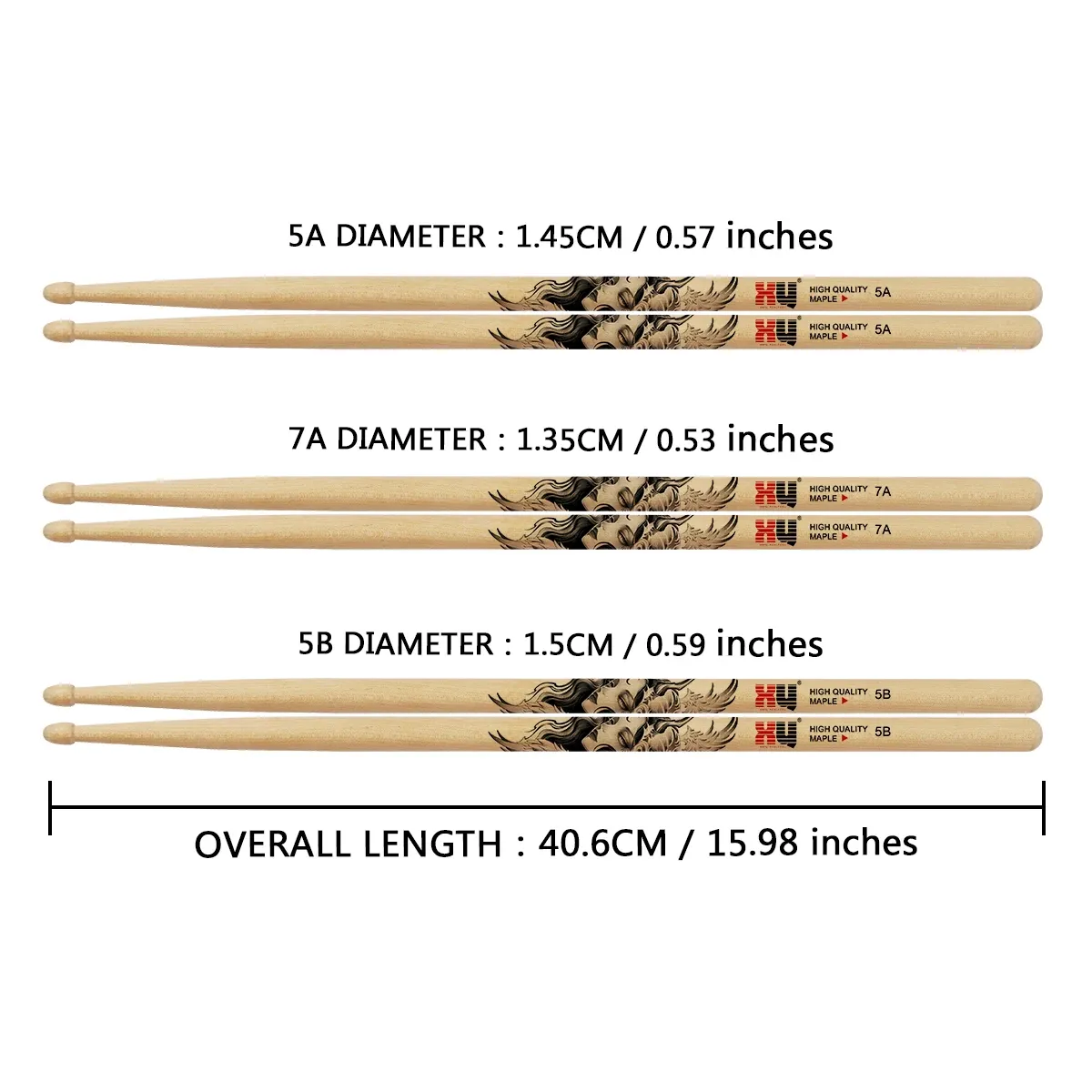 Premium Maple Wood Drum Sticks 5A 7A 5B - Durable, Lightweight, Ergonomic Design for All Drummers thumbnail 3