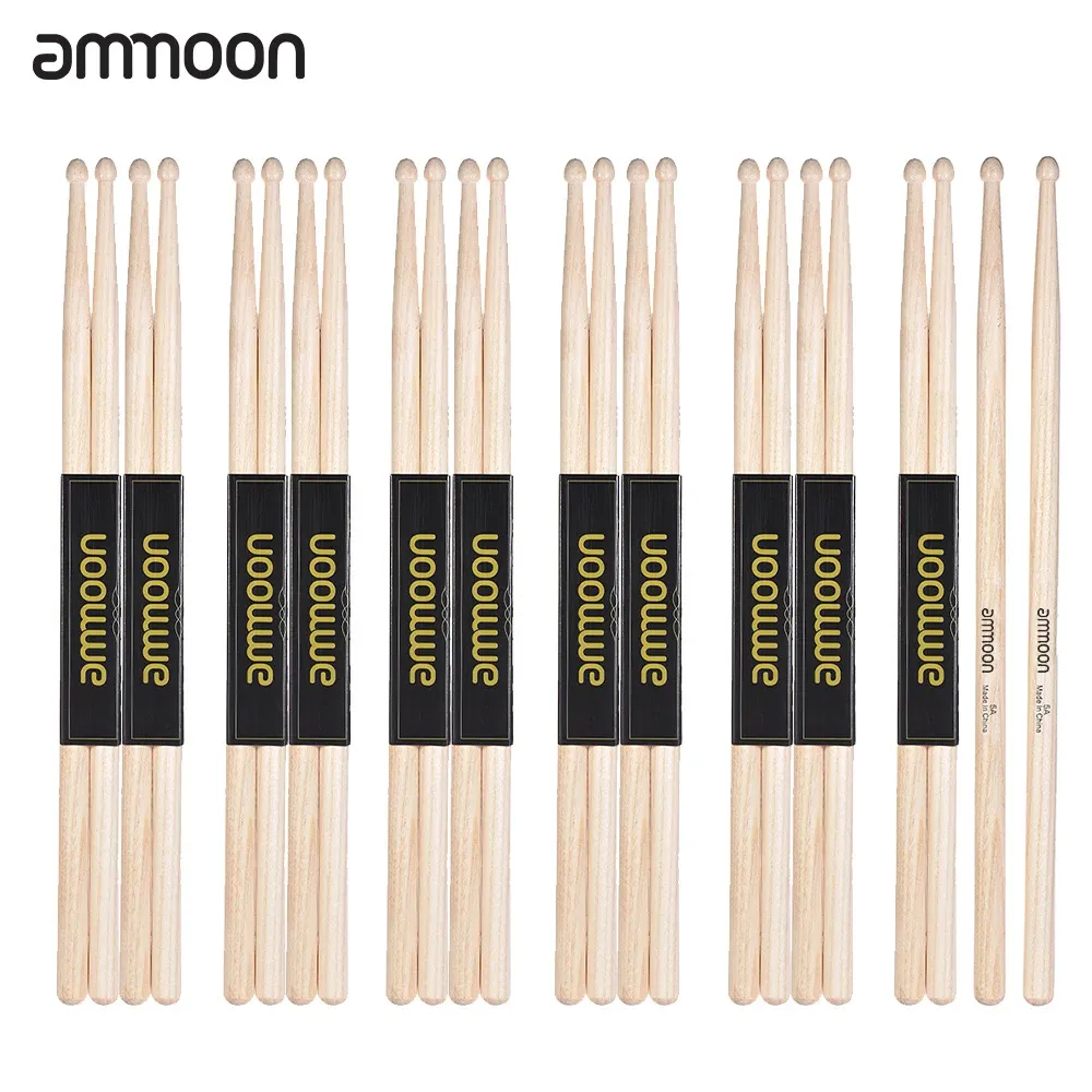 Ammoon 5A/7A Wooden Drumsticks Set - 3 or 12 Pairs of Fraxinus Mandshurica Wood Drum Sticks for Beginners & Professionals, Smooth Finish, Balanced Response for Jazz, Rock, and Practice thumbnail 2