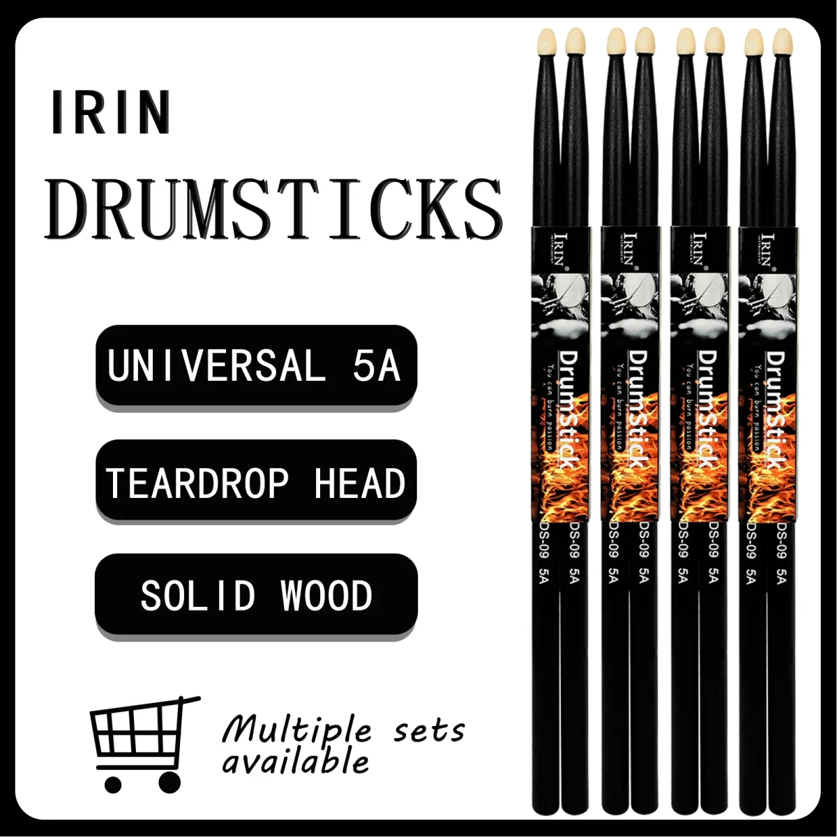 IRIN 5A Maple Wood Drumsticks Pair - Solid Construction, Teardrop Mallet Heads for Jazz & Universal Percussion - Smooth Finish, Durable for Beginners & Pros showcase 1