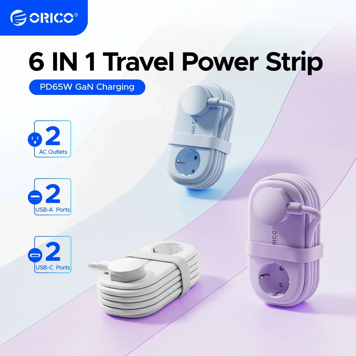 ORICO 65W GaN Travel Power Strip: 6-in-1 Fast Charging Station with 2 AC, 2 USB-A, 2 USB-C Ports, EU Plug Adapter for Home & Business Travel thumbnail 1