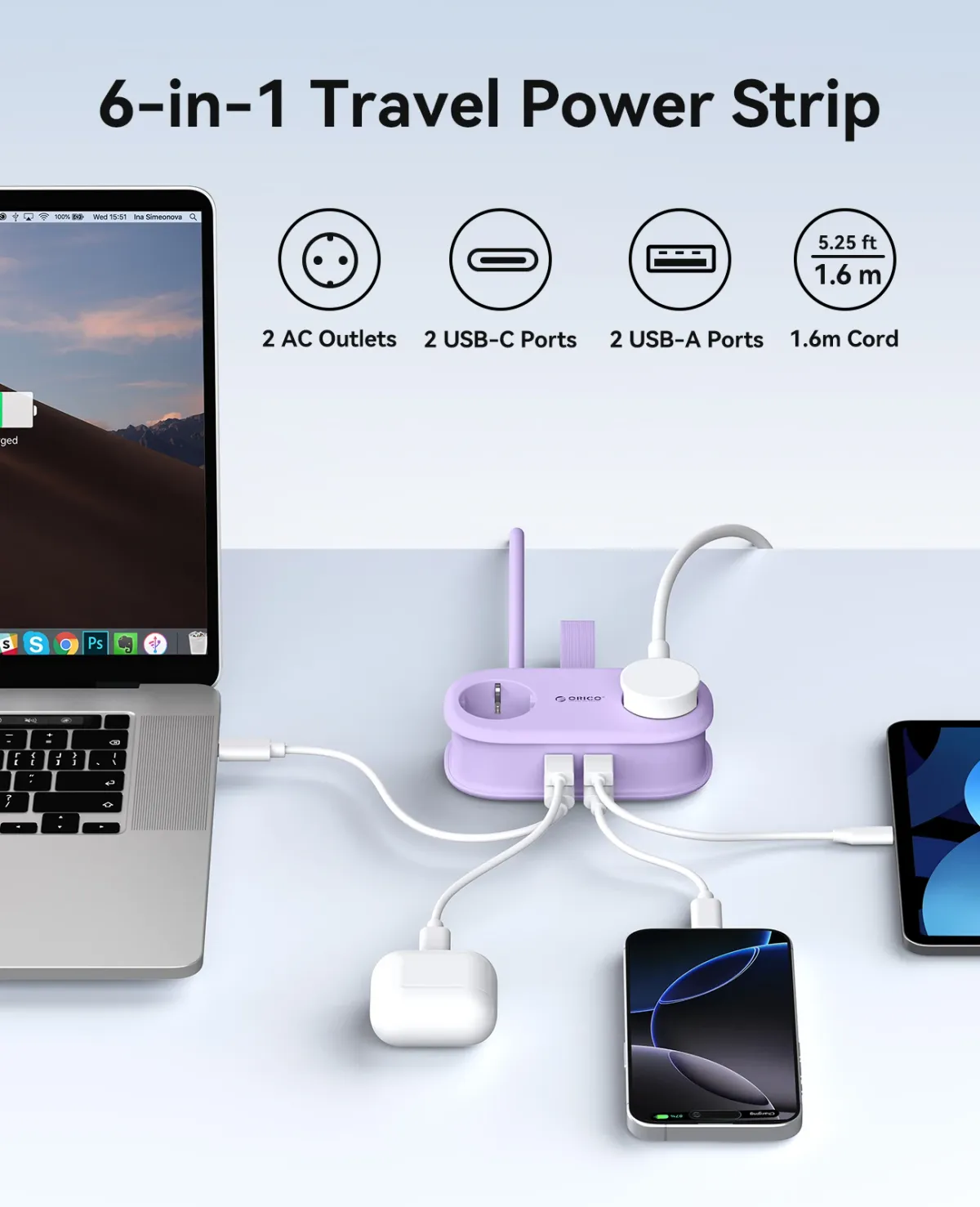ORICO 65W GaN Travel Power Strip: 6-in-1 Fast Charging Station with 2 AC, 2 USB-A, 2 USB-C Ports, EU Plug Adapter for Home & Business Travel showcase 1