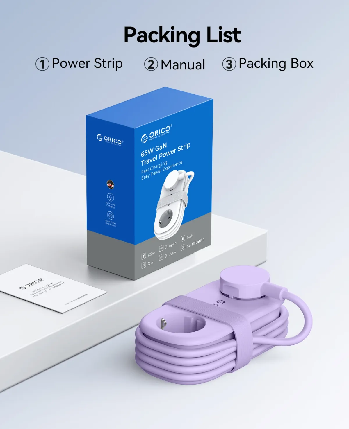 ORICO 65W GaN Travel Power Strip: 6-in-1 Fast Charging Station with 2 AC, 2 USB-A, 2 USB-C Ports, EU Plug Adapter for Home & Business Travel showcase 7