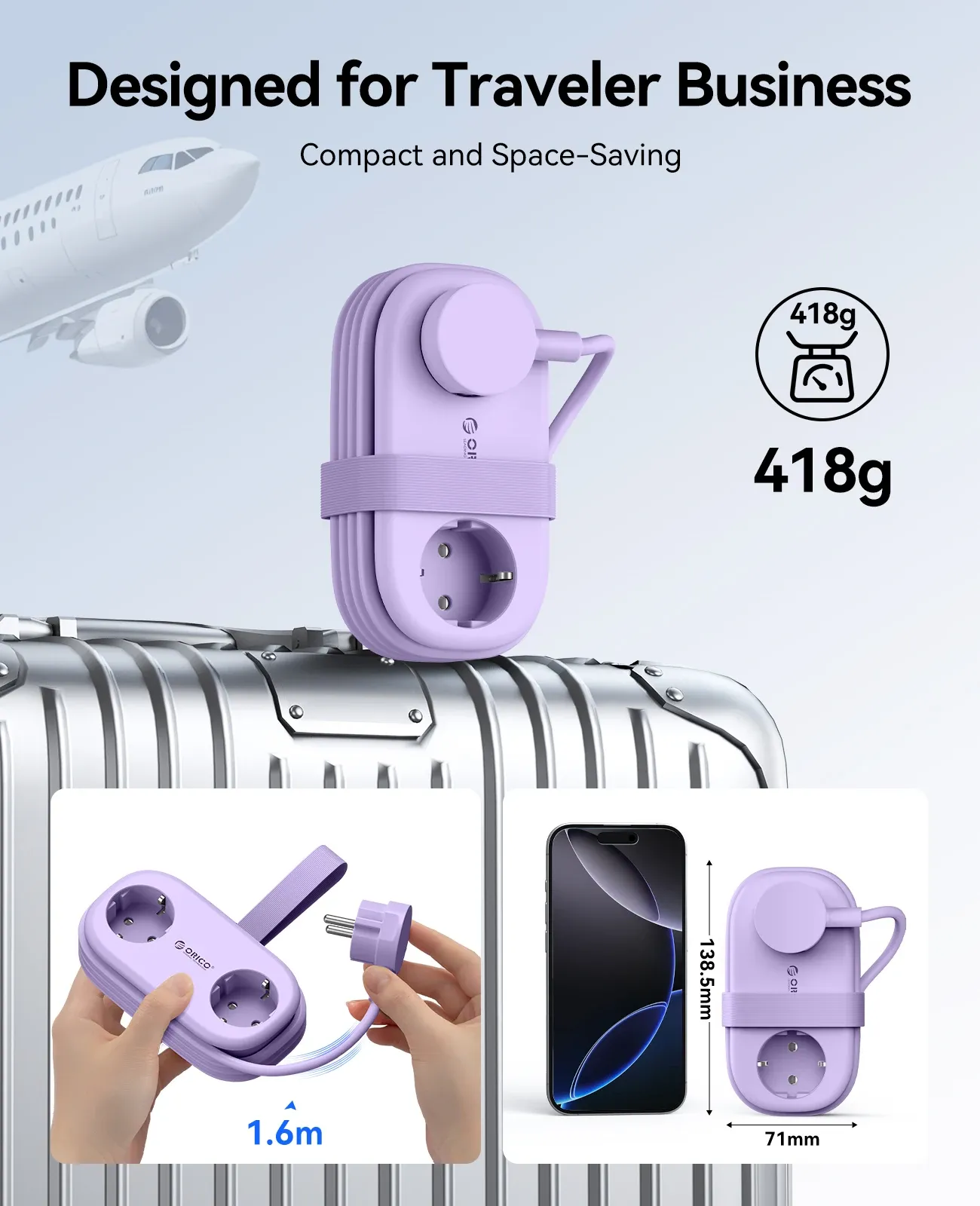 ORICO 65W GaN Travel Power Strip: 6-in-1 Fast Charging Station with 2 AC, 2 USB-A, 2 USB-C Ports, EU Plug Adapter for Home & Business Travel thumbnail 5