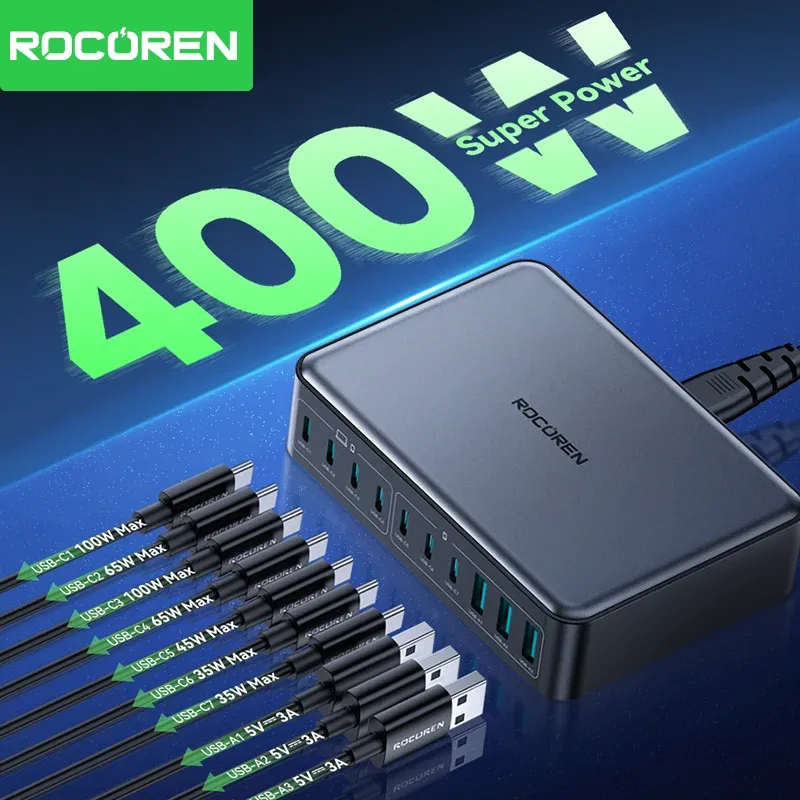 Rocoren 400W GaN Fast Charger Desktop Power Station, 10-Port USB-C PD & USB-A Charger for MacBook Pro, iPhone 16/17 Pro Max, Laptops, Tablets, Fast Charging Hub thumbnail 2