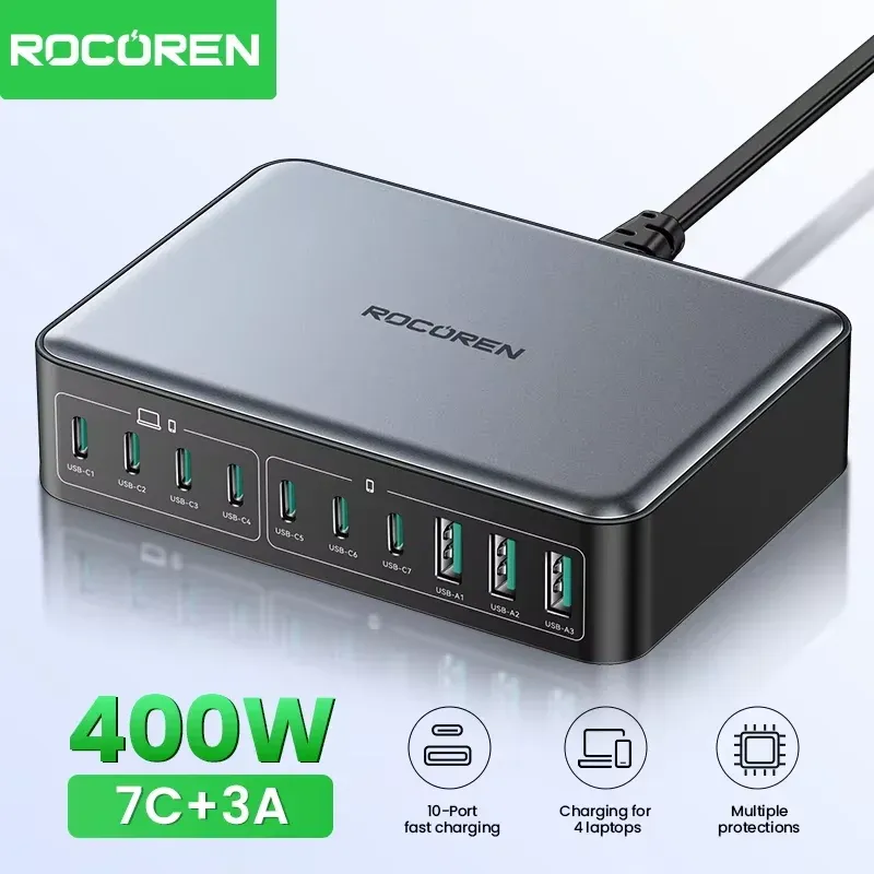 Rocoren 400W GaN Fast Charger Desktop Power Station, 10-Port USB-C PD & USB-A Charger for MacBook Pro, iPhone 16/17 Pro Max, Laptops, Tablets, Fast Charging Hub thumbnail 1