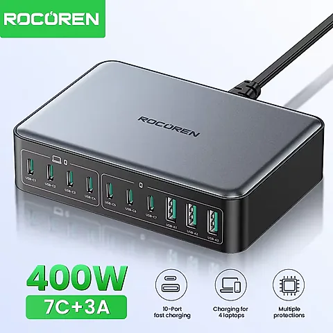 Rocoren 400W GaN Fast Charger Desktop Power Station, 10-Port USB-C PD & USB-A Charger for MacBook Pro, iPhone 16/17 Pro Max, Laptops, Tablets, Fast Charging Hub
