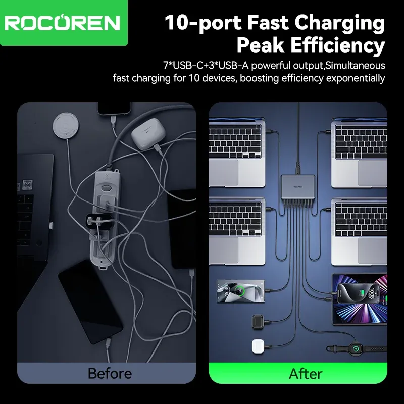 Rocoren 400W GaN Fast Charger Desktop Power Station, 10-Port USB-C PD & USB-A Charger for MacBook Pro, iPhone 16/17 Pro Max, Laptops, Tablets, Fast Charging Hub thumbnail 5