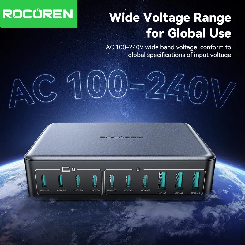 Rocoren 400W GaN Fast Charger Desktop Power Station, 10-Port USB-C PD & USB-A Charger for MacBook Pro, iPhone 16/17 Pro Max, Laptops, Tablets, Fast Charging Hub thumbnail 6
